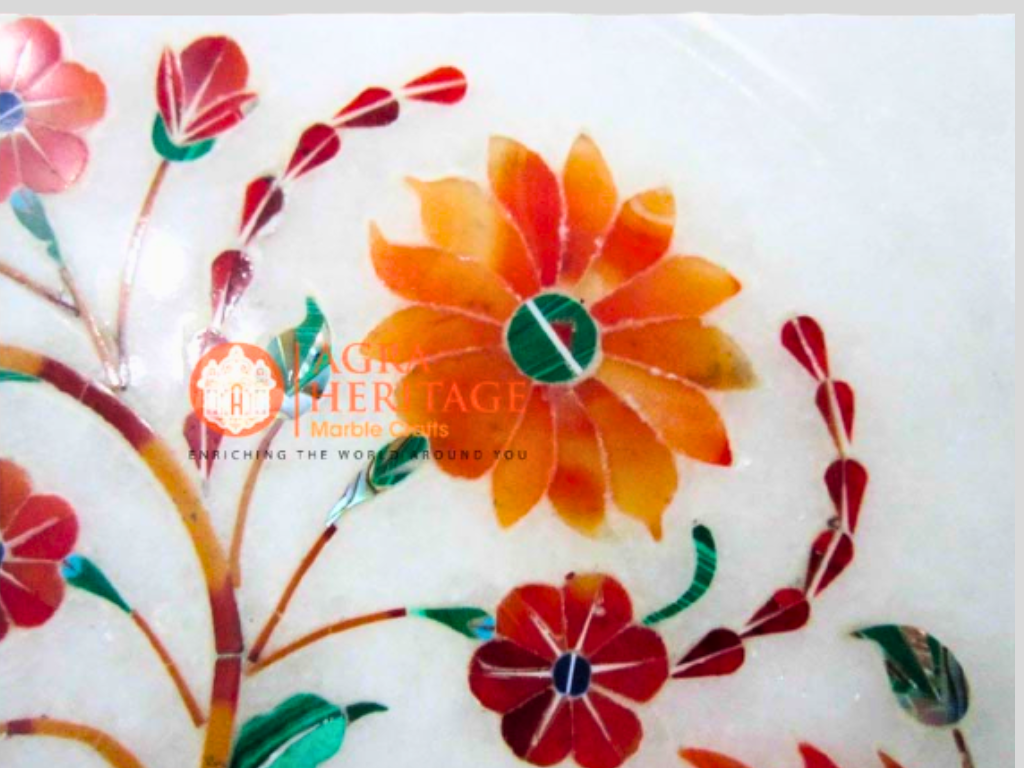 White Marble Carnelian Inlaid Floral Design Plate Decor